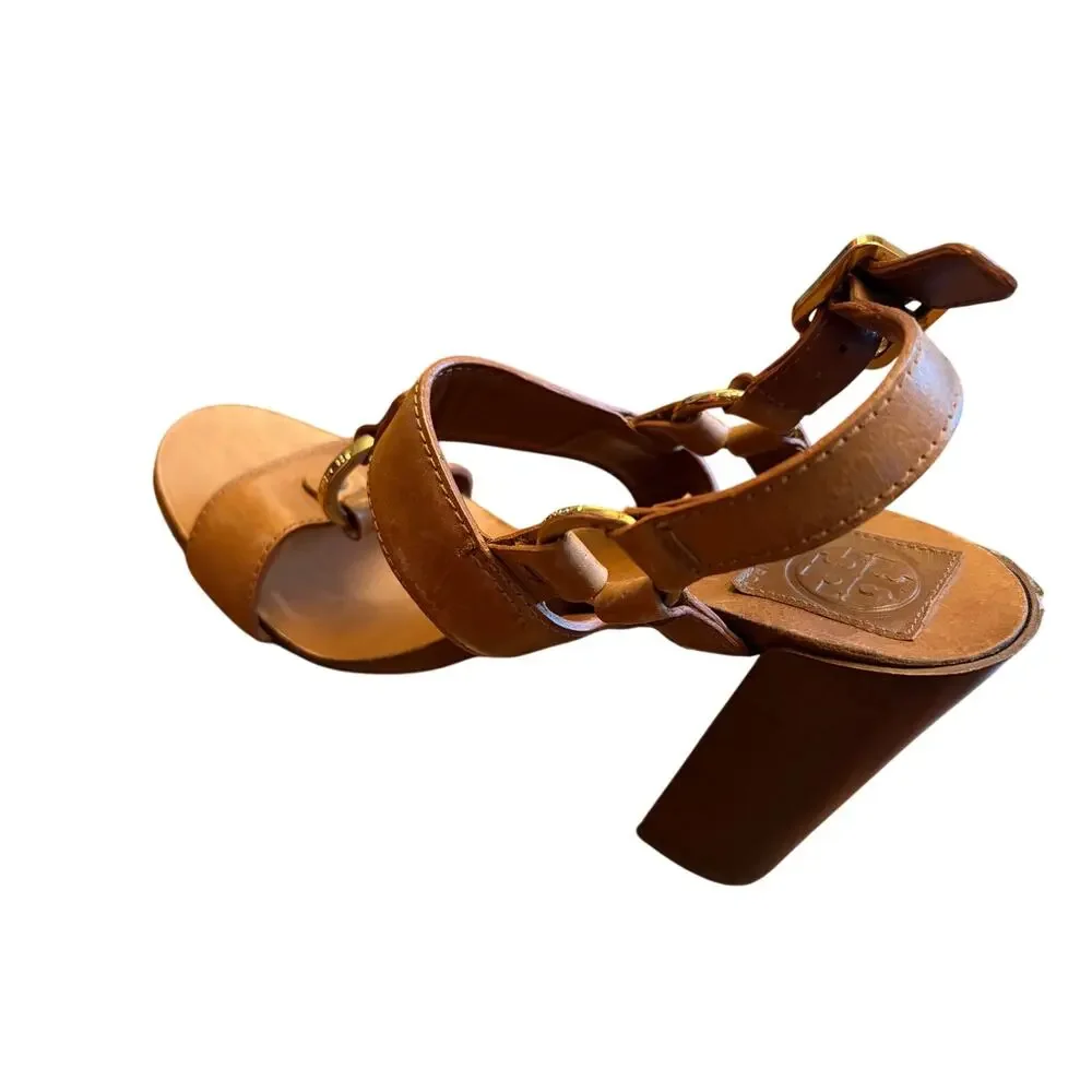 Tory Burch Gipse Almond Antique Veg Leather Heeled Sandals Size 9M